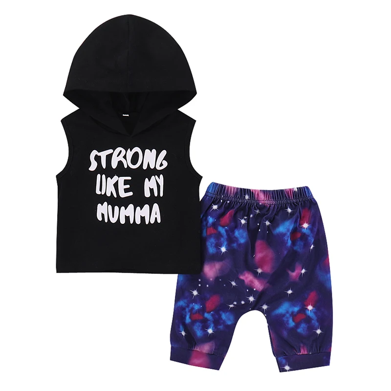 

Summer Baby Girls Boy Clothing Set Adorable Letter Print Sleeveless Hoodie Tops Blouse Star Pattern Shorts Casual Outfits