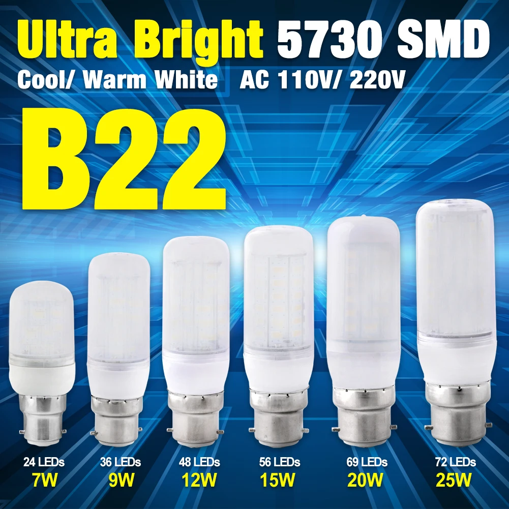 

10PCS Lampada b22 led bulbs 240v 220v 24 36 48 56 69 72leds Light Corn Bulb 5730 SMD Cold Warm White Led Spotlight Candle Lamp