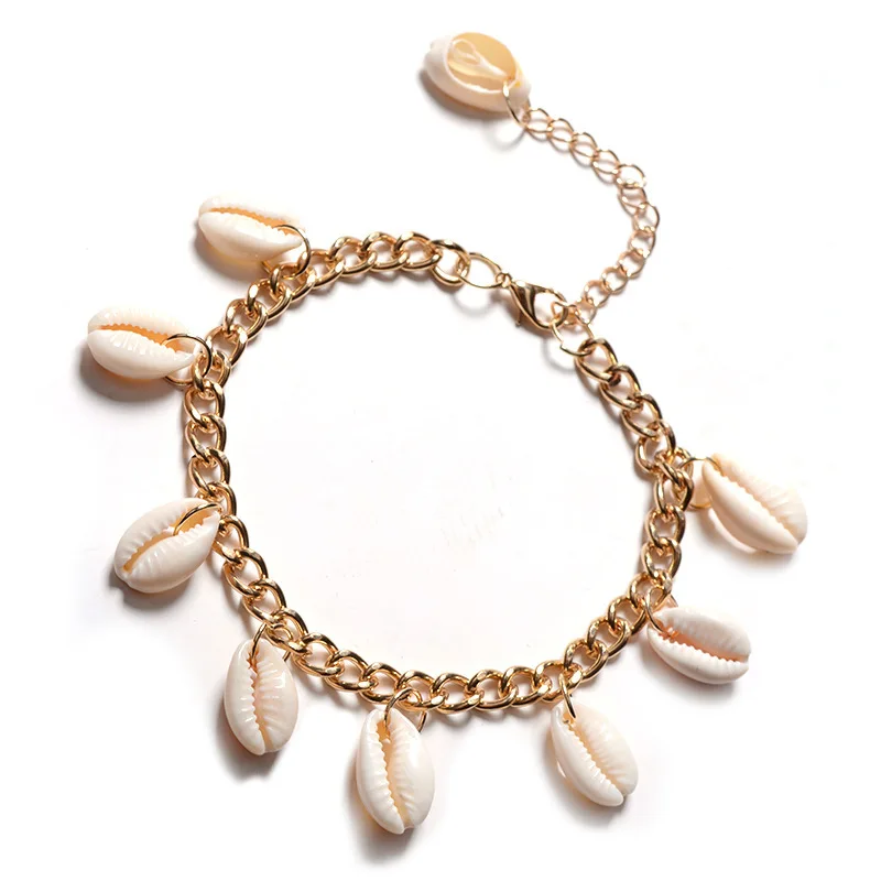 

2018 New Arrival Simple Thick Gold Color Chain Link Bracelet Nature Shell Pendant Bracelet Tassel Tail Handchain Jewelry