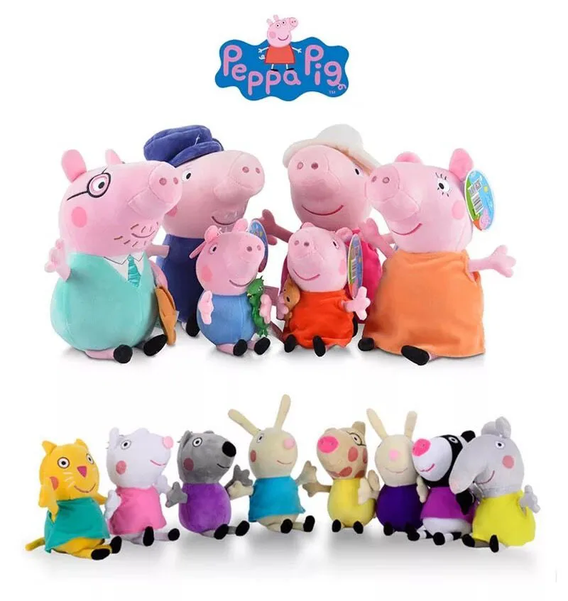 

19cm 2019 Genuine Peppa Pig George mummy daddy teddy bear Dinosaur Stuffed Plush stuffed doll toy round bag kids Birthday gifts