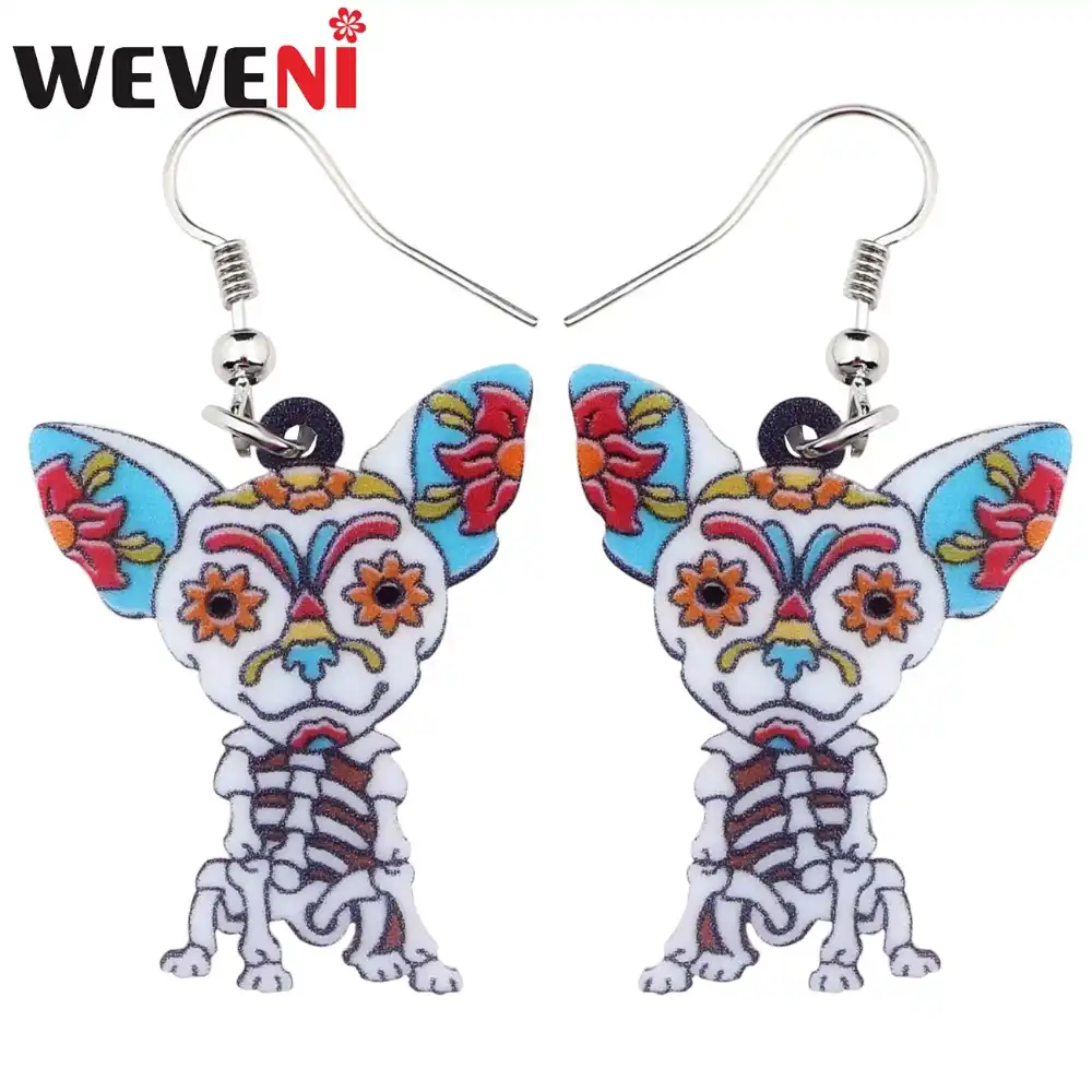 Weveni الاكريليك هالوين الزهور الهيكل العظمي الكلب أقراط كبيرة