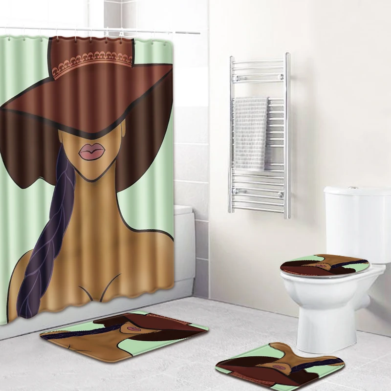 Billige Mode Mädchen Wasserdichte Badezimmer Dekor Bad Vorhang Nicht slip Flanell Wc Teppich Teppiche Bad Matte Set Dusche Vorhang Set