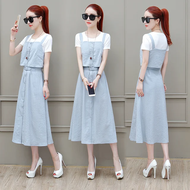 2018 Summer Women's Suit Denim Jumper Dress White short sleeved T shirt