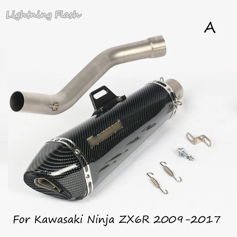 

For Kawasaki Ninja ZX6R Slip On 2009-2017 51mm Motorcycle Exhaust Tailp Pipe + Middle Link Pipe Stainless Steel + Carbon Fiber