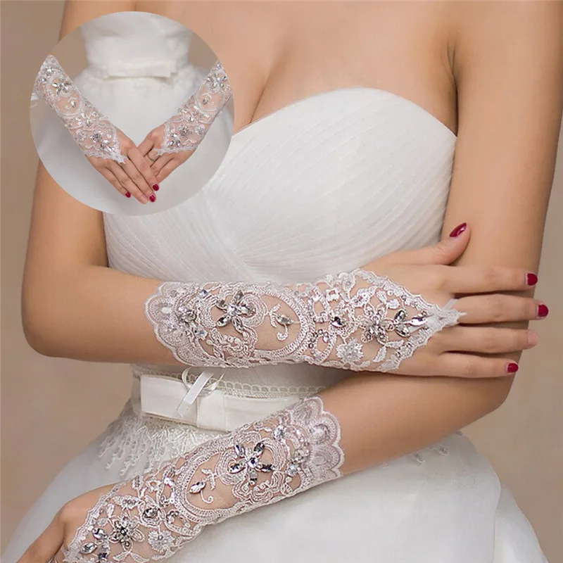 1 пара, женские свадебные перчатки без пальцев, Элегантные Короткие стразы, белая кружевная перчатка, свадебные аксессуары