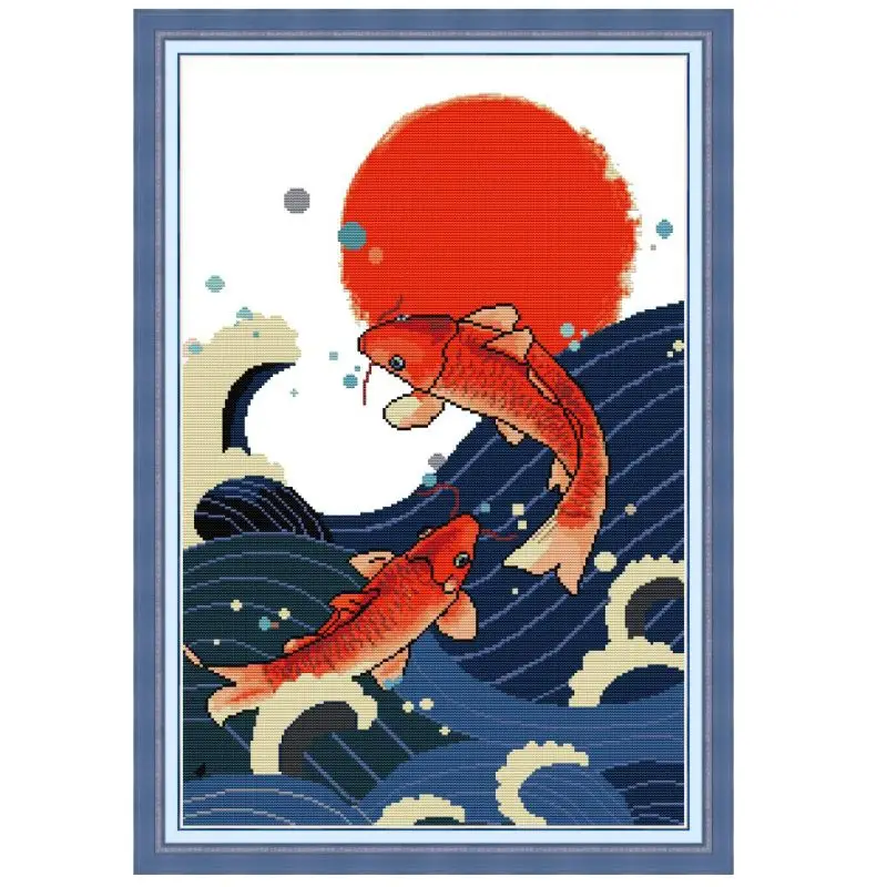 

OOTDTY Fish DIY Handmade Needlework Counted 14CT Printed Cross Stitch Embroidery Kit Set Home Decoration