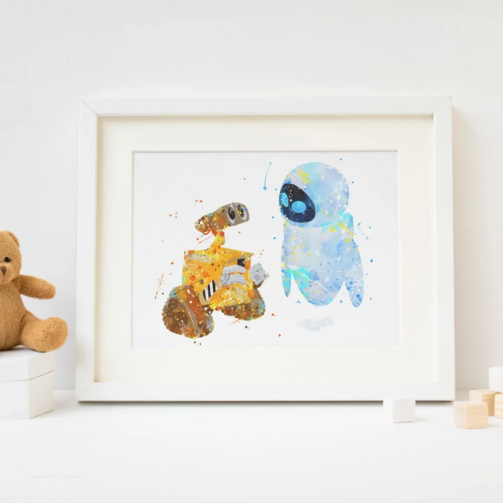 Wall E And Eve Picture Print Pixar Watercolor Poster Kids Pixar Watercolor Poster Print