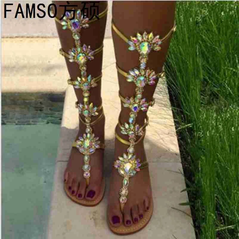 

FAMSO New Women Sandals Shoes blue Gold Flats Shoes Summer Flip Flops Cross-Strap Knee Sandals Female Prom Rhinestone Sandals