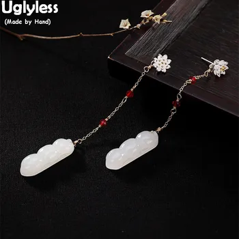 

Uglyless Women Natural White Jade Pea Long Earrings Handmade Real Solid 925 Silver Flower Fine Jewelry Detachable Dual Use Studs
