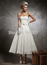 2015 Summer Style Sweetheart Short Wedding Dress Lace Off The Shoulder Ankle length Bridal Gown Free
