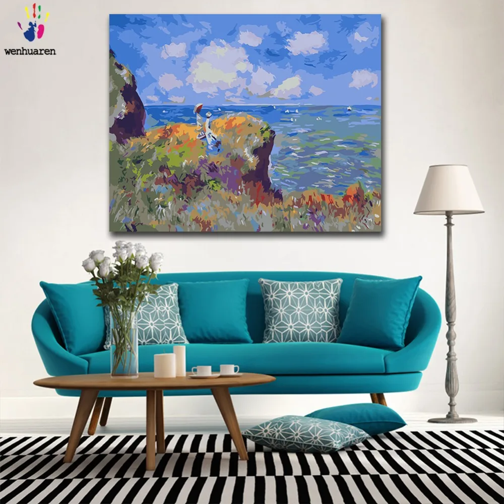 

DIY colorings pictures by numbers with colors Cliff Walk at Pourville Monet picture drawing painting by numbers framed Home