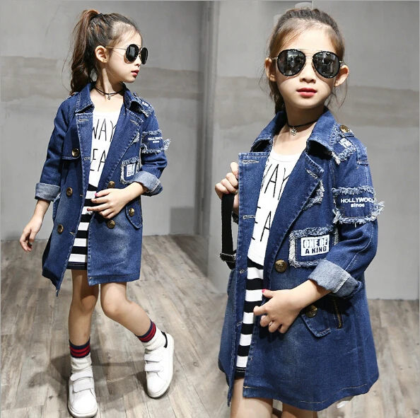 

Girls denim Jackets Fashion Double-Breasted Denim Coats New Kids Trench Coat For Girl Long Jackets Autumn Children Clothing