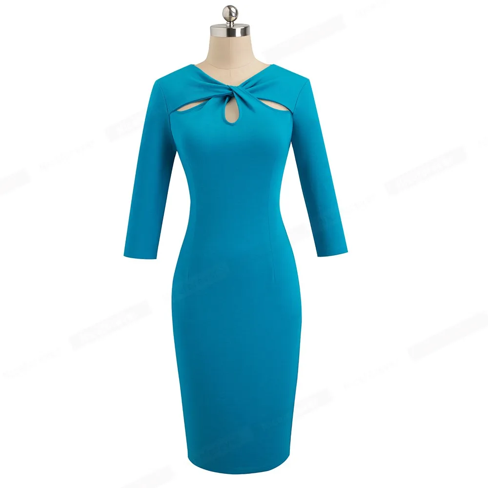 Cena Ładny zawsze Vintage elegancki solidny czysty kolor drążą vestidos Business Party Bodycon praca w biurze kobiety sukienka B485