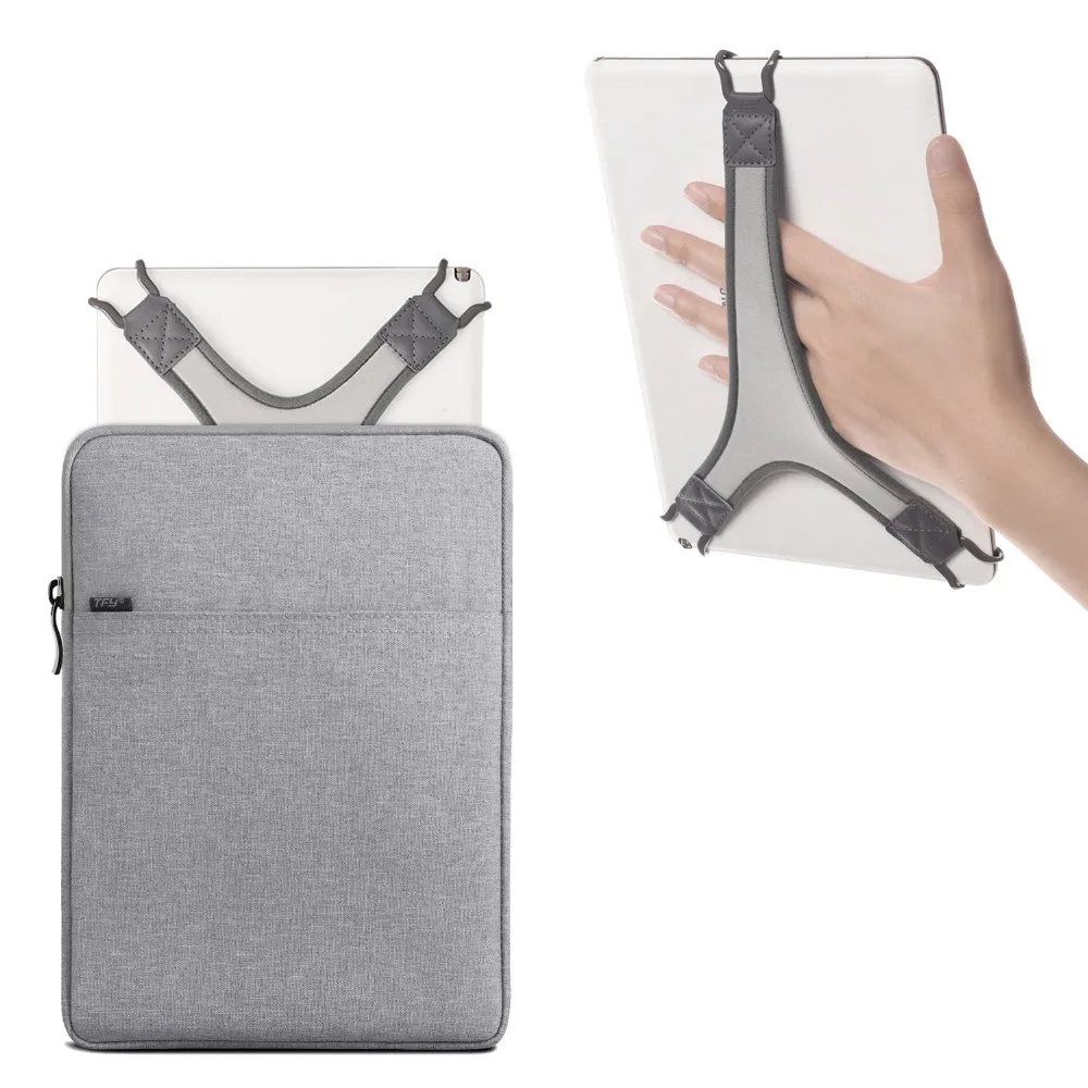

TFY Protective Pouch Bag with Zip Closure (Grey), plus Bonus Hand Strap Holder (White) for 9 - 10.5 inch iPad and Tablets