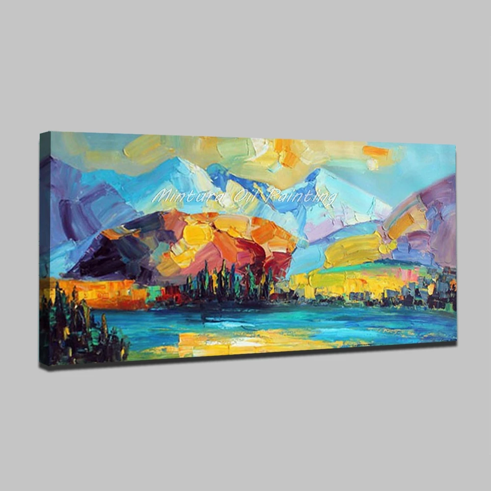 Большая ручная живопись современный абстрактный пейзаж озера и горы палитра нож картина маслом на холсте для декора стен - Цвет: MT160777