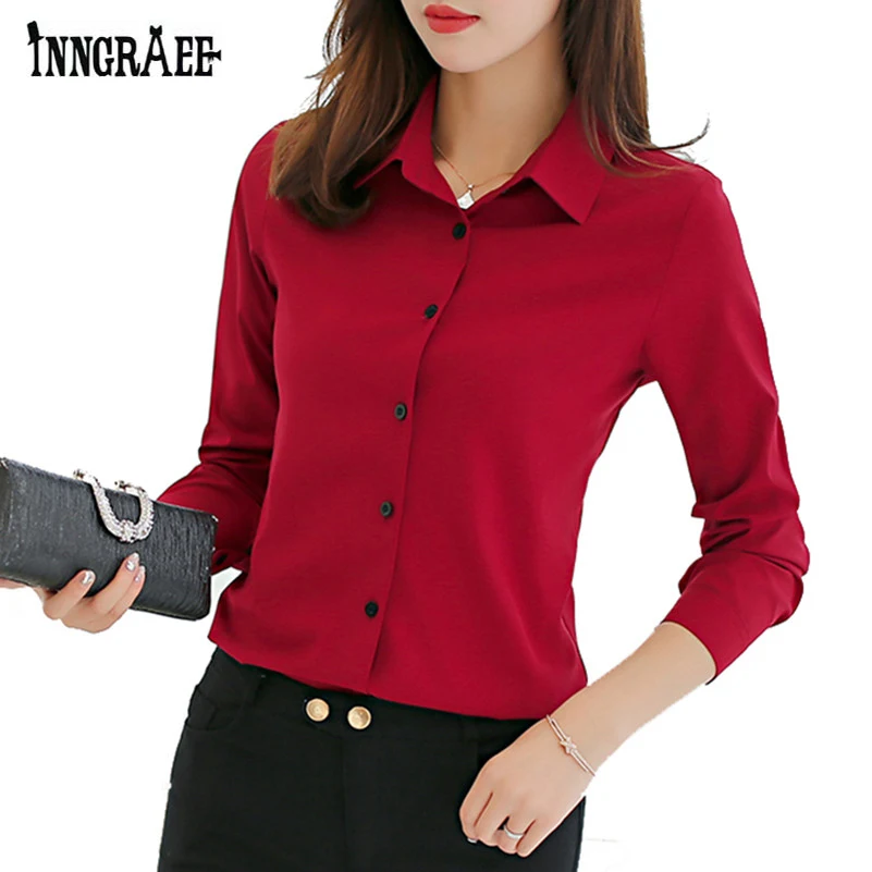 

Inngraee 2019 Women Chiffon Blouse Wine Red Office Shirt Female Work Wear Turn-down Collar Tops NS8515