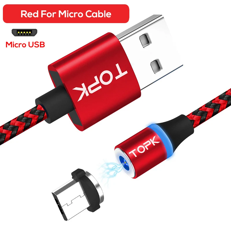 TOPK R-Line3 Магнитный кабель Micro USB, нейлоновый плетеный кабель для мобильного телефона, светодиодный кабель для зарядки Micro USB - Цвет: 1 Red Cable 1 Tip