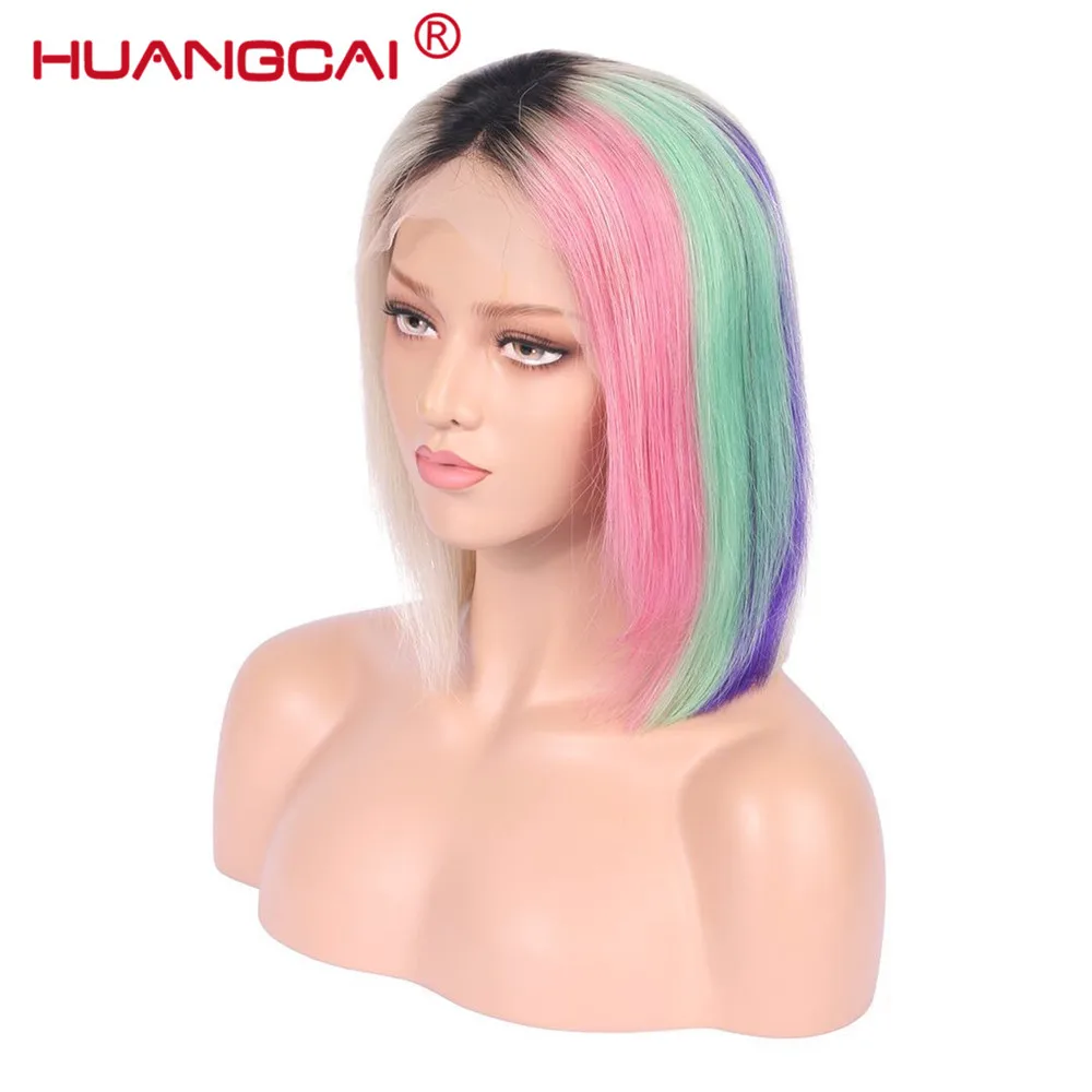 

Pink Green #613 Blonde Short Bob Wigs Peruvian Straight Human Hair 13*4 Lace Front Wigs With Baby Hair Pre Plucked Remy
