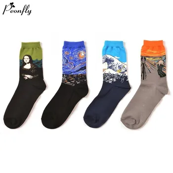 

PEONFLY 29 Color Art Socks Women Men Cotton Harajuku Style Famous Painting Sock Van Gogh Mona Lisa Da Vinci Funny Socks Vintage