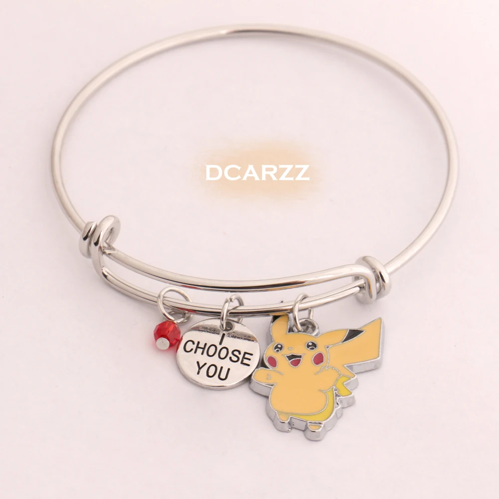 

Pikachu Bangle"I Choose You"Hand Stamped Pendant Kids Anime Charms Bracelet Gift for BBF/Lovers Pokemon Go Jewelry Wholesale