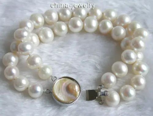 

Beautiful 2row 8" 10mm white round freshwater pearl bracelet-shell clasp @^Noble style Natural Fine jewe SHIPPING new >>free shi