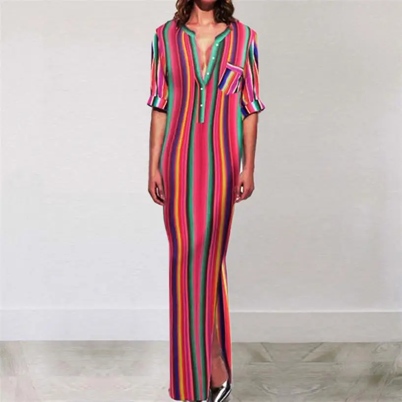 

KANCOOLD Dress Women Half Sleeve Striped Multicolor Button Zippers Dress Beach Long Plus Size Dress women 2018AUG13