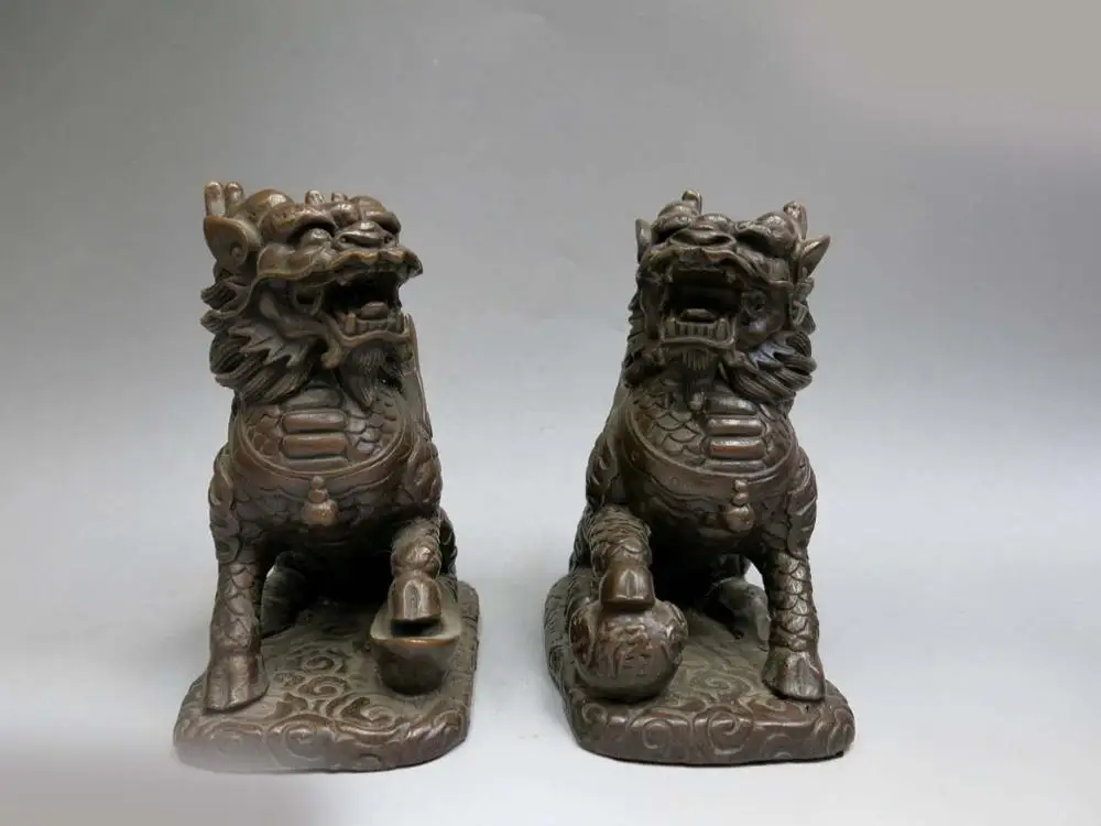 

DS China bronze sculpture carved fine copper Feng Shui Foo Dogs Kylin pair Statue