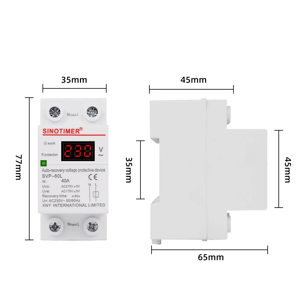 230V AC 40A Din Rail Automatic Recovery Reconnect Over Under Voltage Relay Protective Device Protector Overvoltage Protection