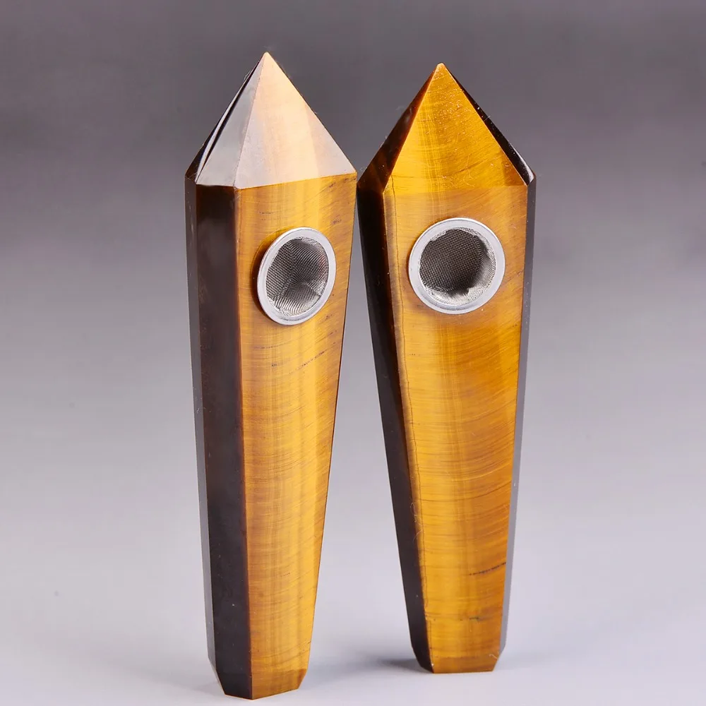 

High Quality Products Natural Quartz Crystal Single Point Wands Healing Golden Tiger's Eye Stone Smoking Pipe Wholesale Price