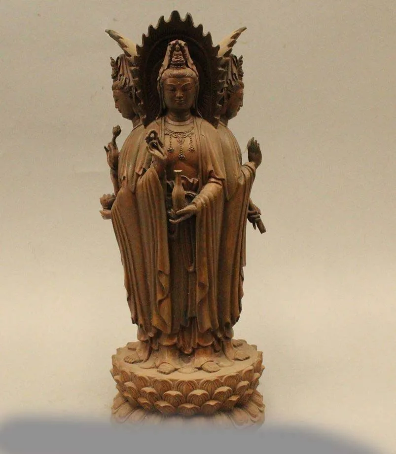 

12" China Chinese Bronze Fengshui 4 Face Guan Yin Kwan-yin Goddess Statue Figure