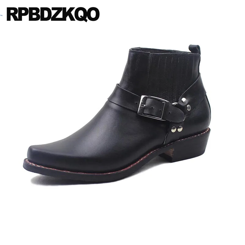 Mariage En Carré Taille Chaussures Robe Pleine Bout Hommes Formelle De Plus Top Bottes Haute Cheville Harnais Chaussons Fleur Noir La Chunky Réel Cuir OkwPn0