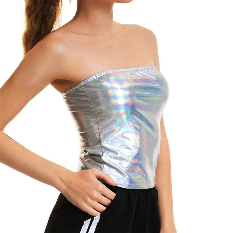 

Women Liquid Metallic Strapless Tube Tank Tops 2019 Summer Sexy Bandeau Clubwear Holographic Wetlook Leather Party Top