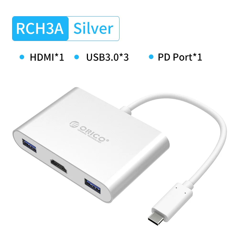 ORICO USB C концентратор для ноутбука PD функция зарядки алюминиевый Олли тип-c к HDMI/VGA/USB3.0/RJ45/SD TF кардридер 7 моделей серебро - Цвет: RCH3A Silver