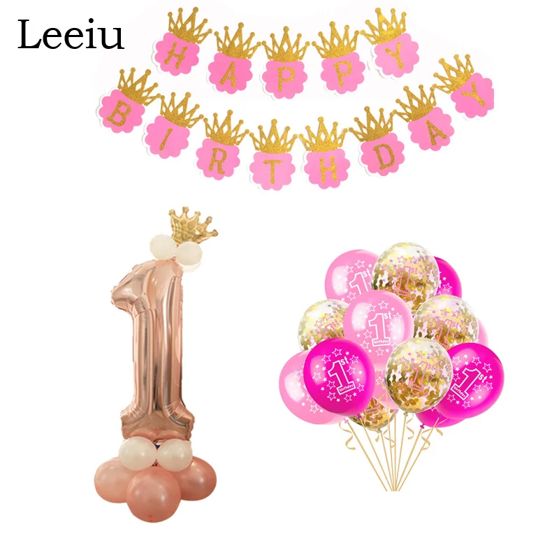

Leeiu Pink Crown Happy Birthday Banners Kids Birthday Parties Decorations Girl 1st Birthday Confetti Ballons Party Supplies