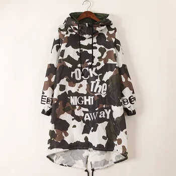 

just.be.never women hooded long trech coat autumn green camouflage letter print irregular rock hip hop dance female loose trench