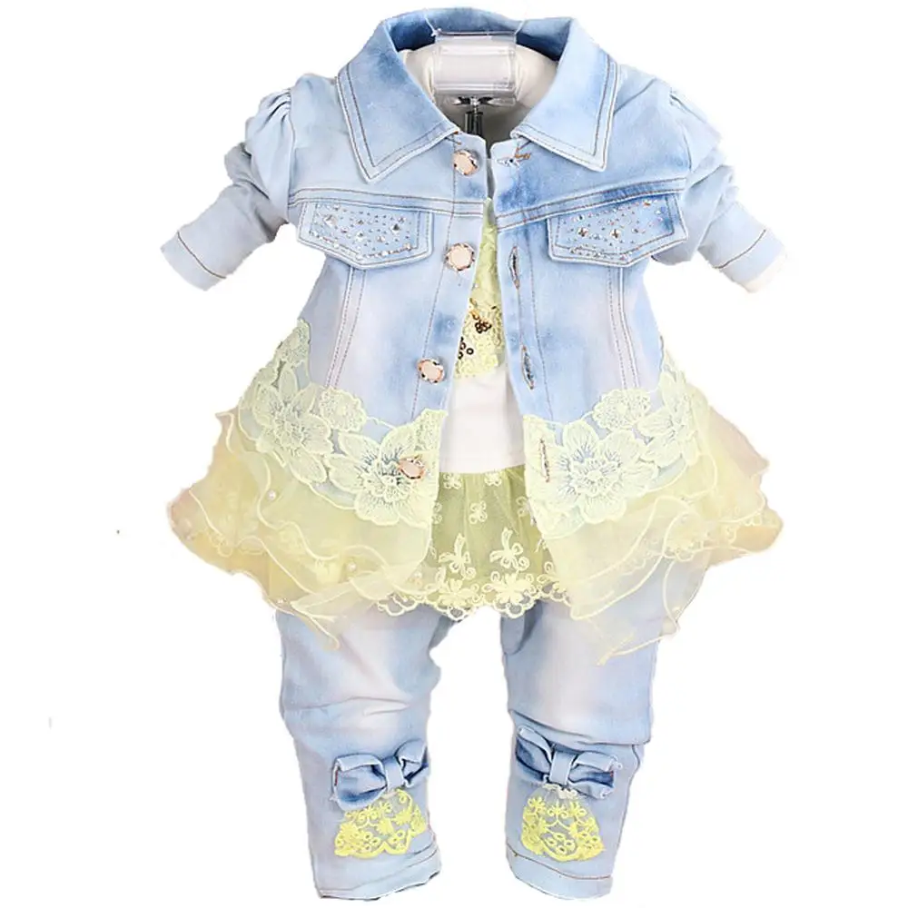 Peacolate Spring Autumn Baby Girls Clothing Set 3pcs Long Sleeve T-Shirt Denim Jacket and Jeans