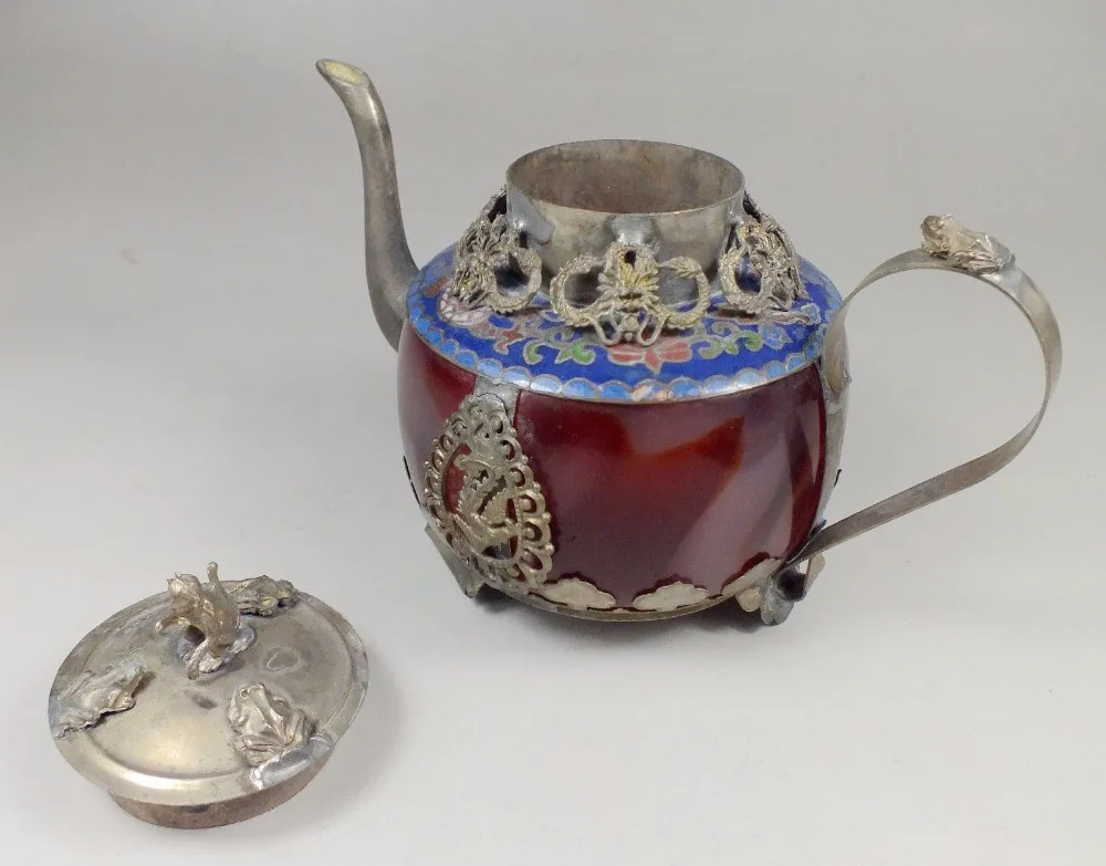 

Chinese old red jade handwork inlay tibet-silver dragon teapot Arts and Crafts decoration metal handicraft