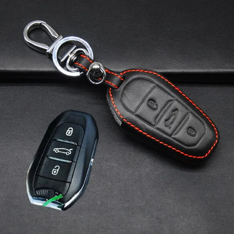 Leather Car Key Cover  For Citroen C4L DS5 DS6 DS5LS 3Buttons Smart key chian key case key rings car accessories red 