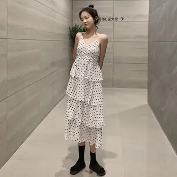 

MISSKY Summer Women Dress Sleeveless V Neck White Red Black Color Fashion Dot Printing Chiffon Long Slip Dress Female Clothes