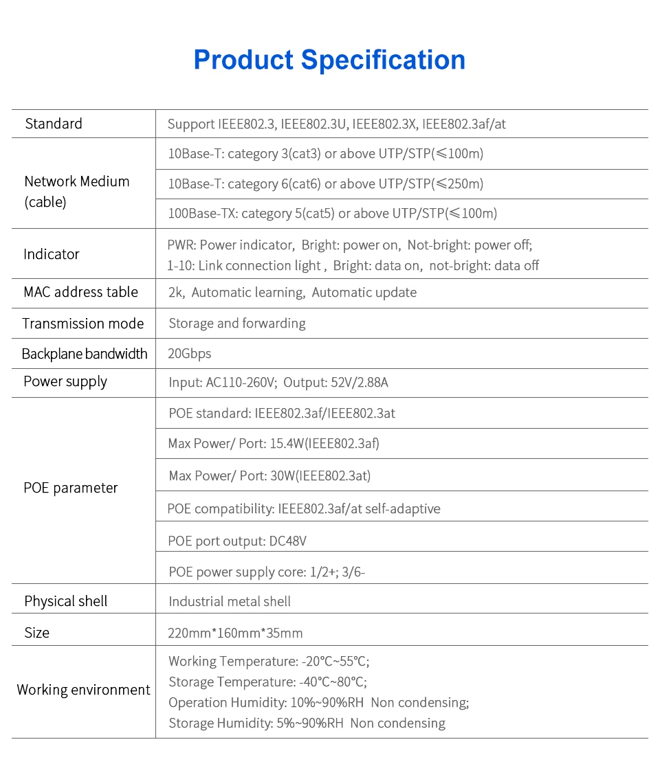 Comfast SG181P 10 Порты и разъёмы гигабитный сетевой коммутатор POE коммутатор Gigabit ethernet 10*10/100/1000 Мбит/с RJ45 Порты и разъёмы 1000 м 802.11af/на переключатель