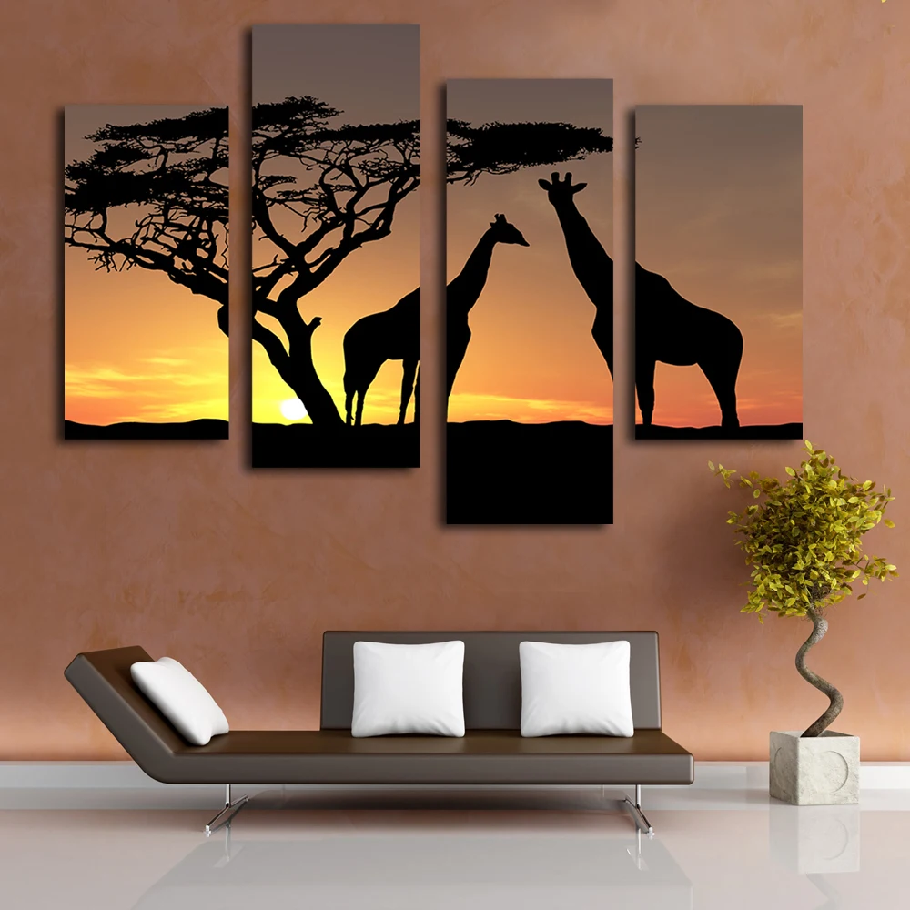 

Beautiful scenery sunset giraffe picture printing on canvas landscape wall art for bedroom