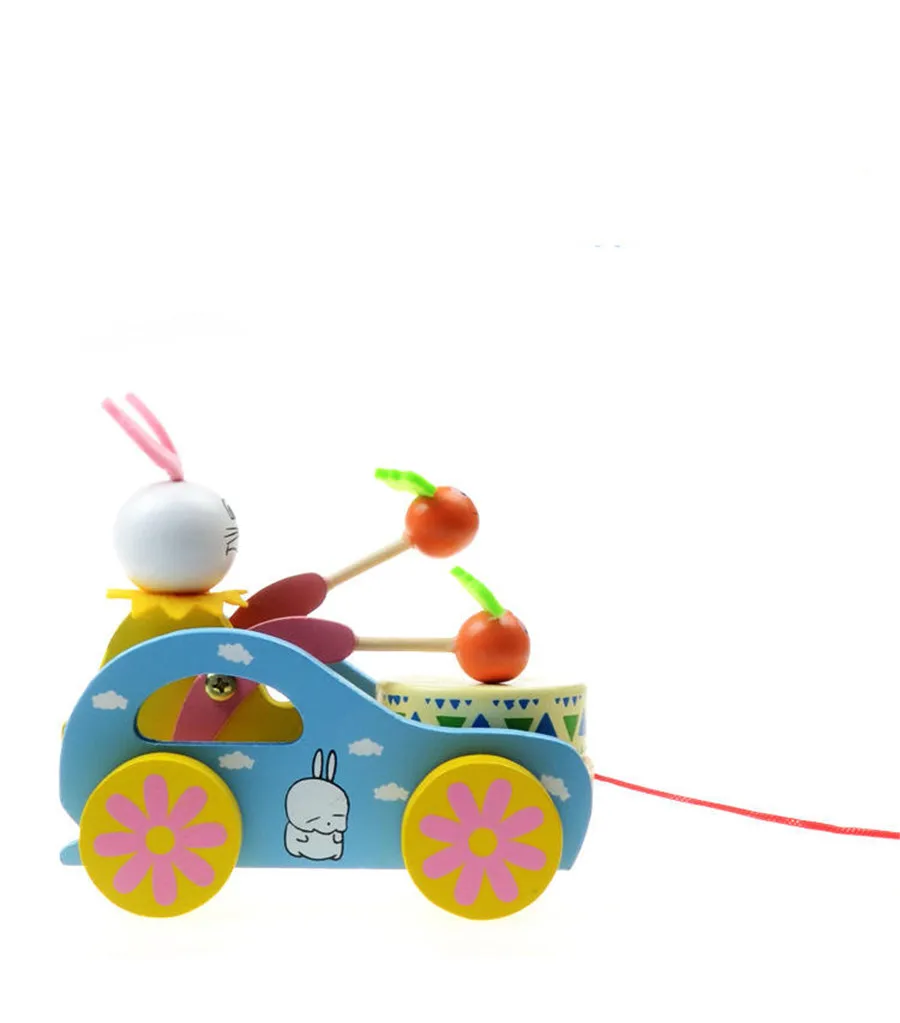 Creative Baby Toys Wooden Early Education Children White Rabbit Trailer Toy Baby Beat Drum Cart Trailer Round Gift Learn to Walk