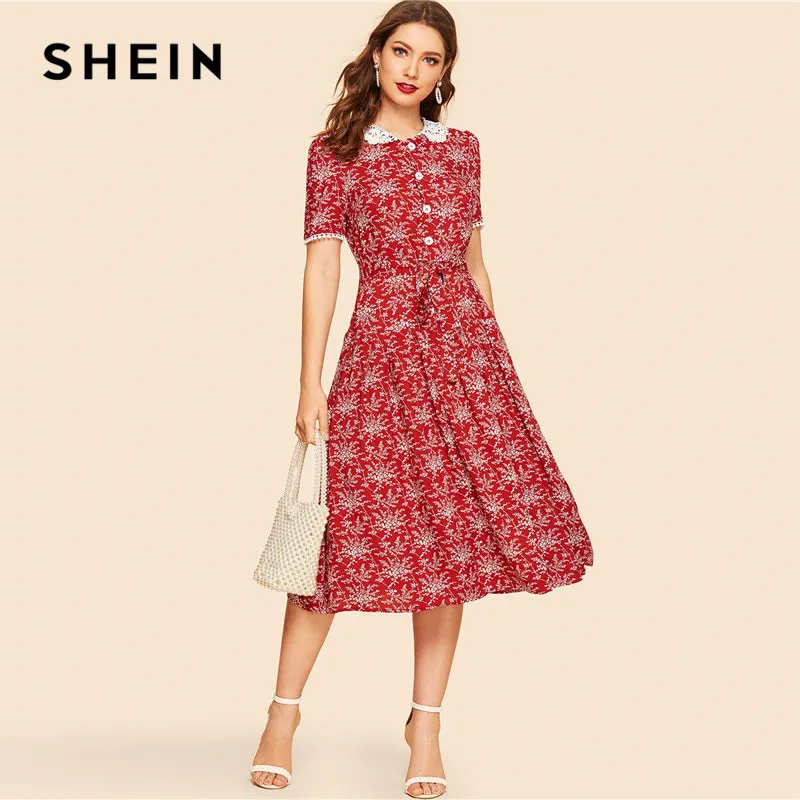 SHEIN 30s Приталенное Платье-Клёш С Поясом Кружевным Воротником И Графическим Принтом Женское Летнее Красное Классическое Платье С Короткими Рукавами