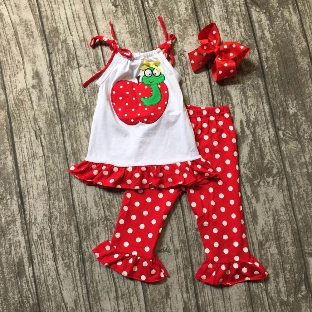 girls summer outfits children back to school clothing girls apple top with red white polka dot capri pants with bows contrast collar polka dot top