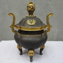 Bi002009 Китай фиолетовый Бронзовый 24 К Золото Позолотить Дракон Три Льва ноги курильница