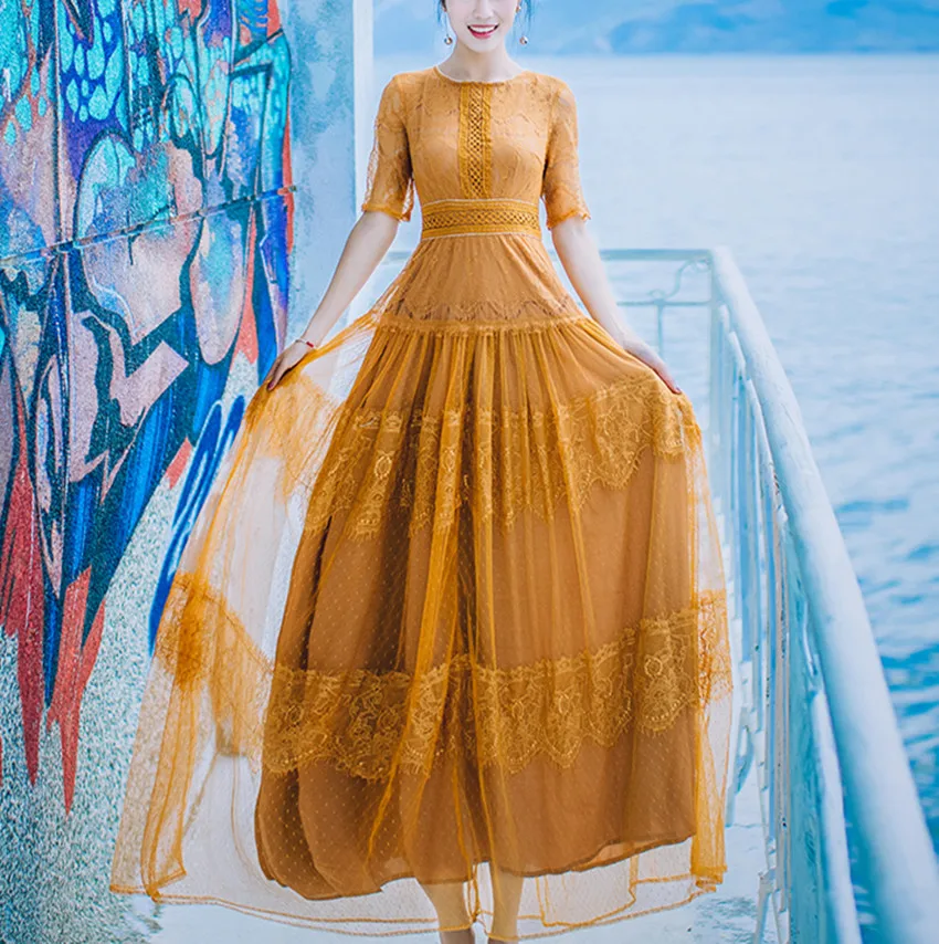 

HAMALIEL Summer Elegant Holiday Maxi Dress Women's Short Sleeve Yellow Floral Long Dresses Vintage Slim Hollow Out Swing Dress
