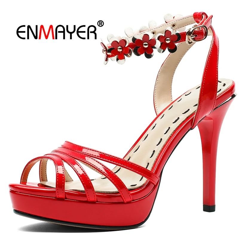 

ENMAYER Genuine Leather Pointed Toe Woman Sandals 2018 Summer Super High Heel Sandals New Fashion Size 34-40 LY403