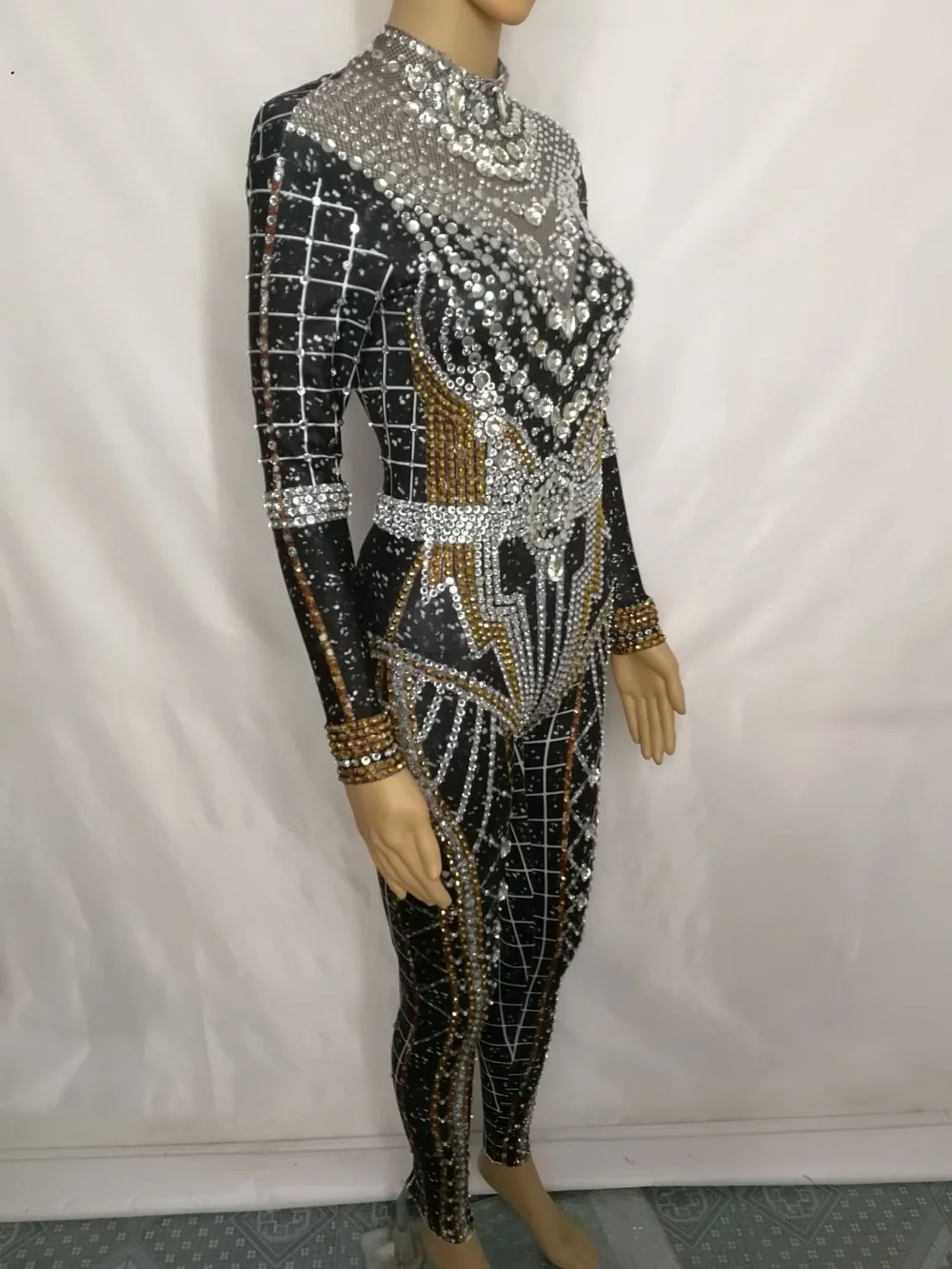 Полный Стразы 3D принт Тощий комбинезон Блестящие кристаллы с длинным рукавом эластичное боди сексуальный модный сценический костюм для ночного клуба