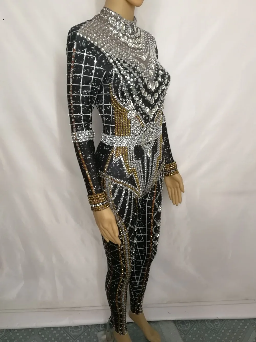 كامل الراين 3D مطبوعة نحيل بذلة سباركلي بلورات كم طويل مطاطا ارتداءها مثير الأزياء ملهى ليلي مرحلة زي