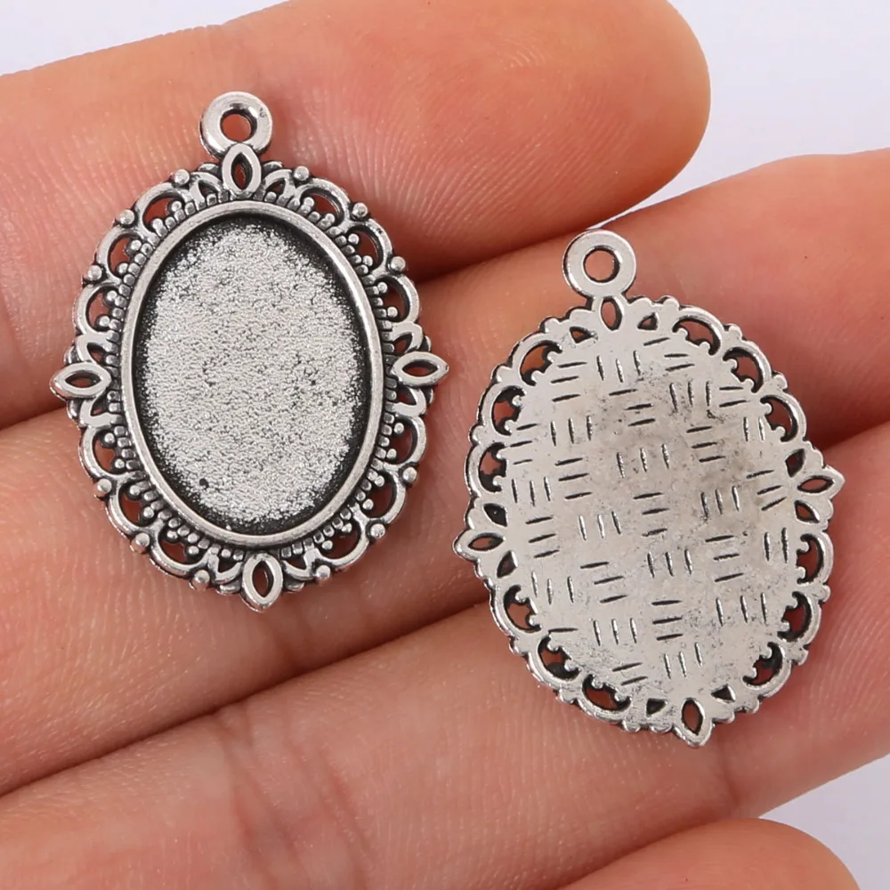 

5Pcs 29x22mm silver plated necklace pendant setting cabochon cameo base Tray bezel blank jewelry findings (Inside size:13x18mm)